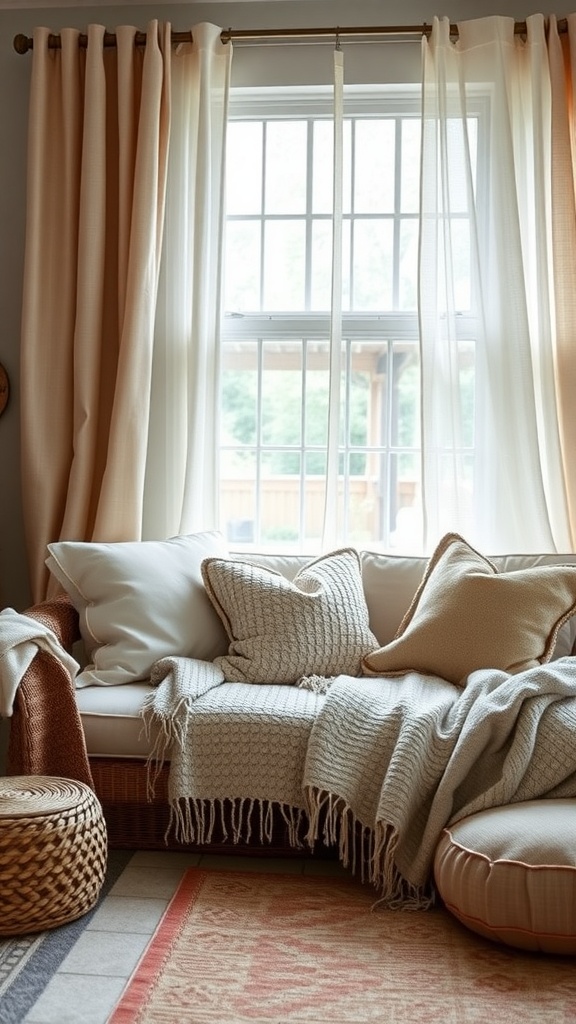 Cozy living room with soft textiles, including cushions and a throw blanket, in natural light