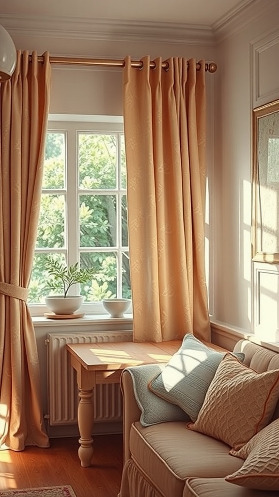 A cozy kitchen with peach curtains, soft cushions on a couch, and plants on the windowsill.