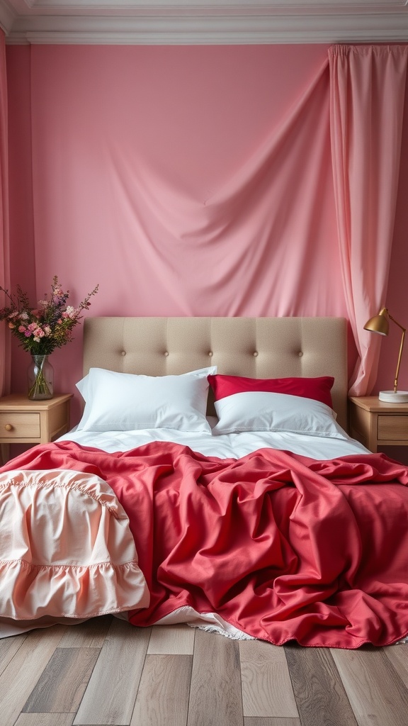 A cozy bedroom with soft pink and coral textiles, creating a romantic atmosphere.