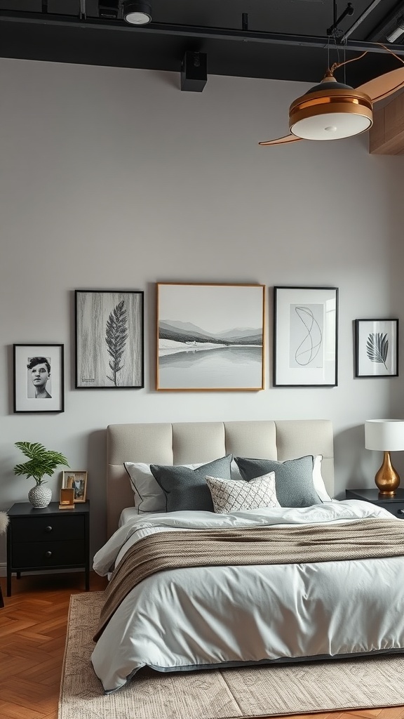 A modern luxury bedroom featuring sophisticated artwork and decor, with a stylish bed, wall art, and elegant furnishings.