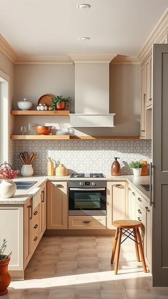 Modern luxury kitchen featuring neutral color palette with warm beige cabinets, light wood shelves, and stylish decor.