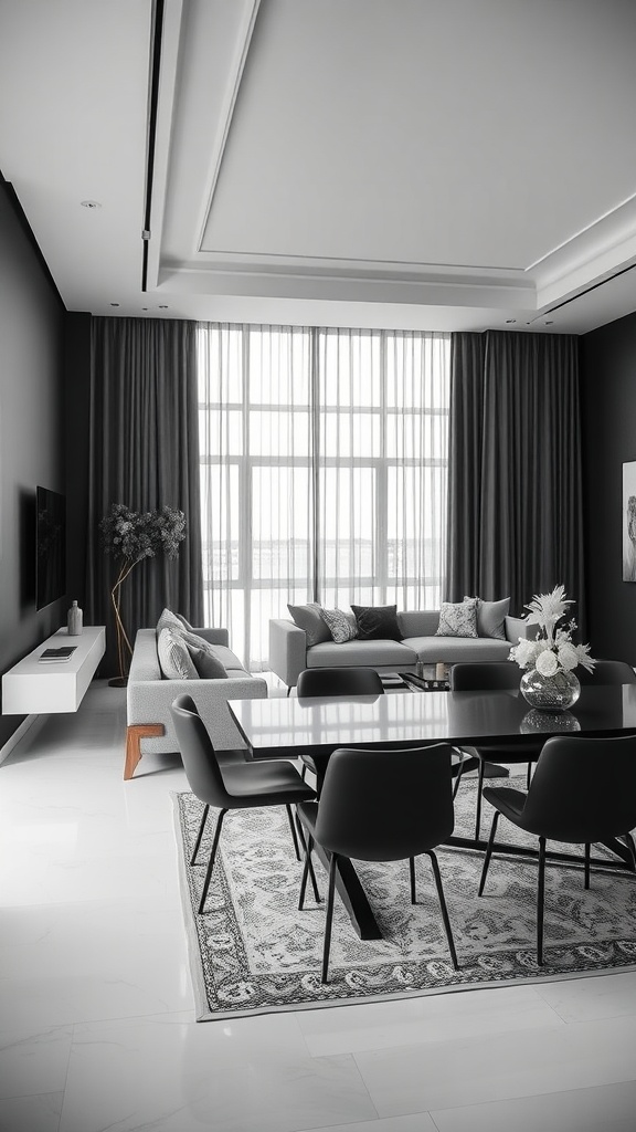 Modern living room and dining room with black walls, white furniture, and large windows