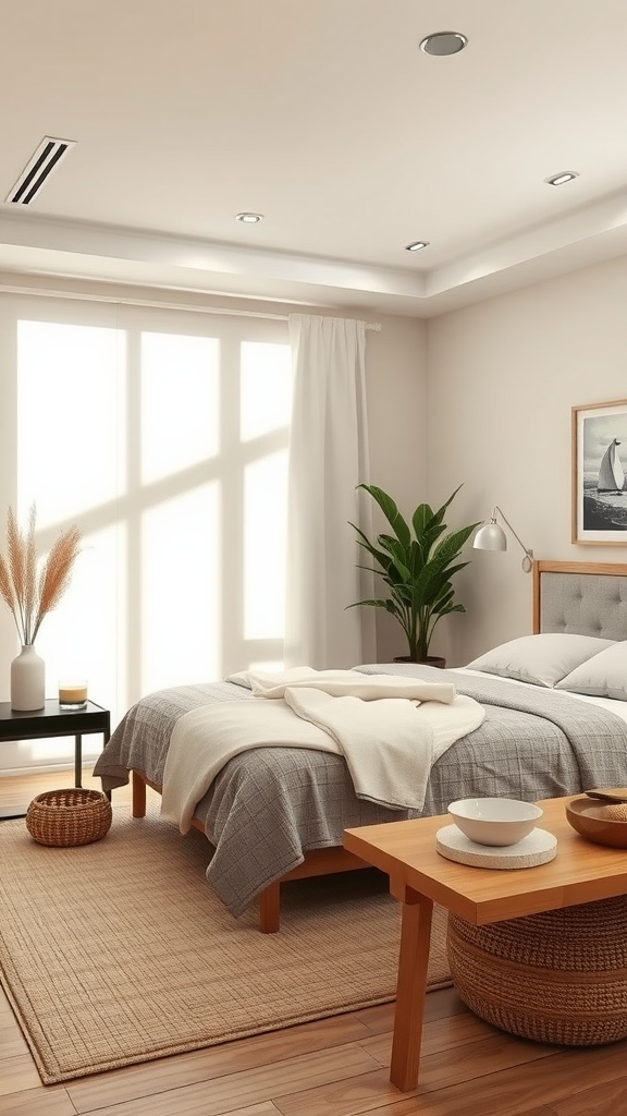 A serene and modern luxury bedroom with neutral colors, a wooden bed, and plants.