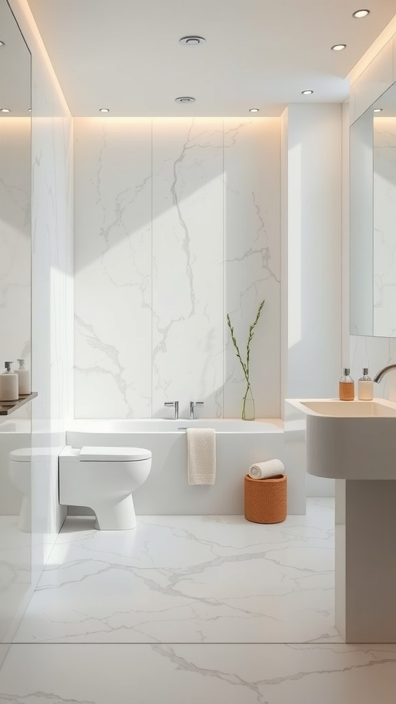 A modern bathroom with marble-like vinyl flooring, a bathtub, and minimalist decor.