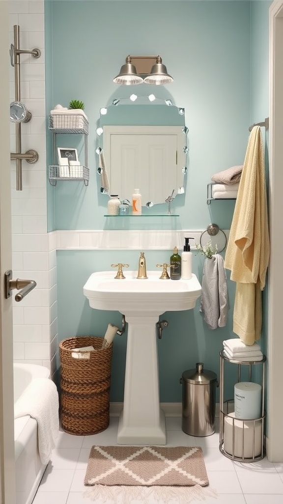 A small bathroom featuring space-saving accessories, including wooden shelves, potted plants, and organized baskets.