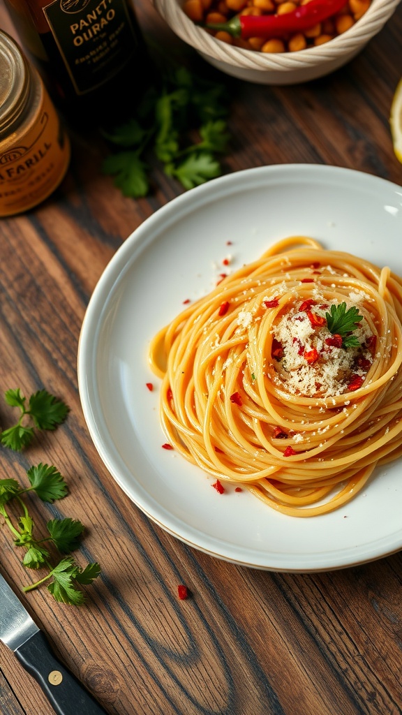 A bowl of spaghetti aglio e olio topped with chili flakes and parsley.