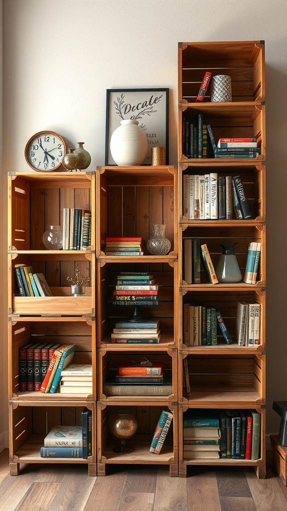 A rustic bookshelf made of stacked wooden crates filled with books and decorative items.