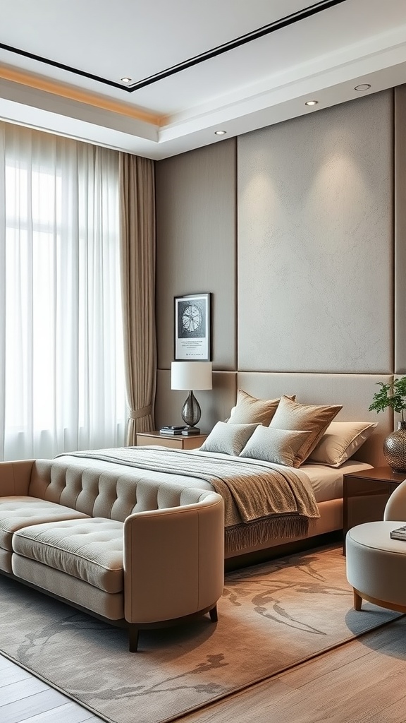 A modern luxury bedroom featuring a plush bed, curved sofa, and elegant decor.