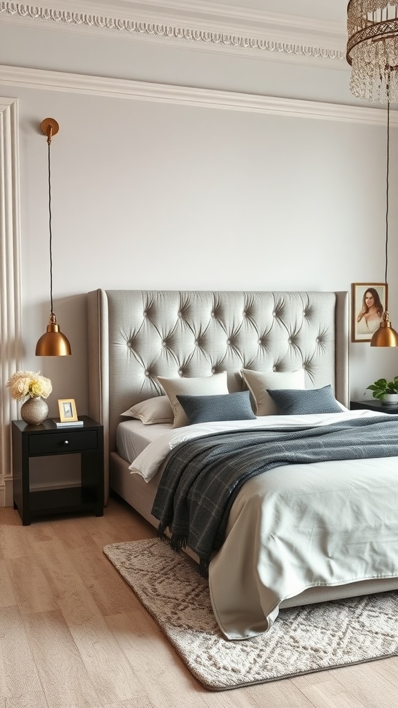 A cozy bedroom featuring a tufted statement headboard, soft bedding, and stylish lighting.