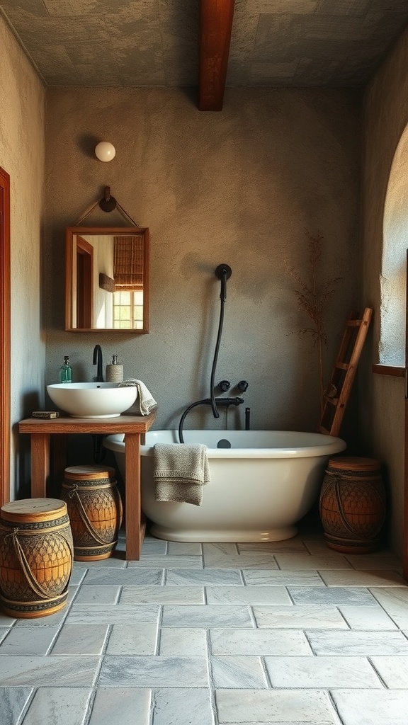 A rustic bathroom featuring stone tile flooring, a freestanding bathtub, wooden accents, and a warm color palette.