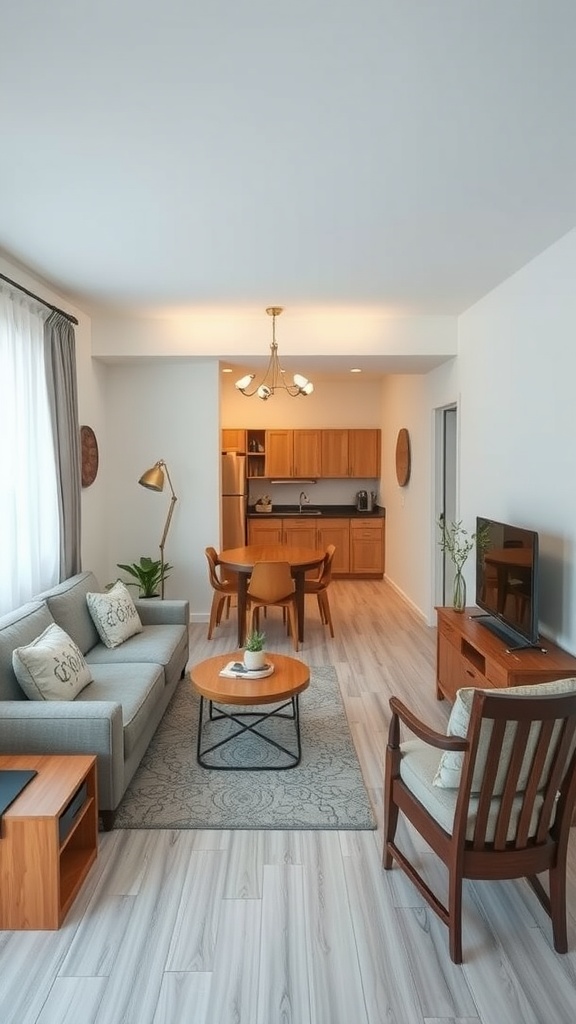 A small living room and dining room combo featuring a sofa, coffee table, dining table, and kitchen area.