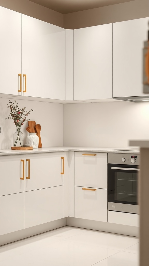 A minimalist kitchen with white cabinetry and minimal hardware.