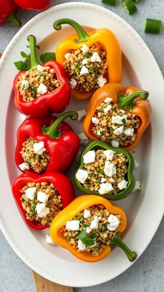 Colorful stuffed bell peppers filled with quinoa and feta cheese