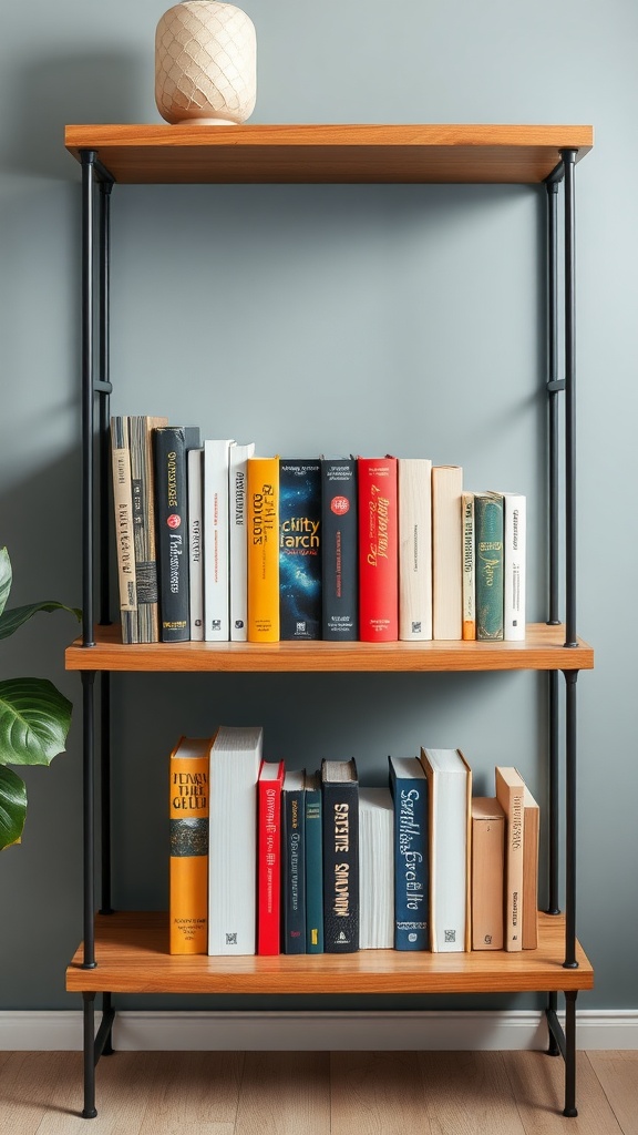 A modern bookshelf with wooden shelves, black metal supports, neatly arranged books, a lamp, and a plant.