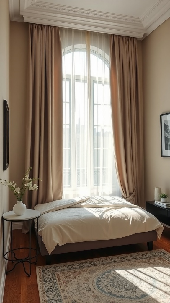 A cozy bedroom with elegant beige curtains allowing light to filter in.