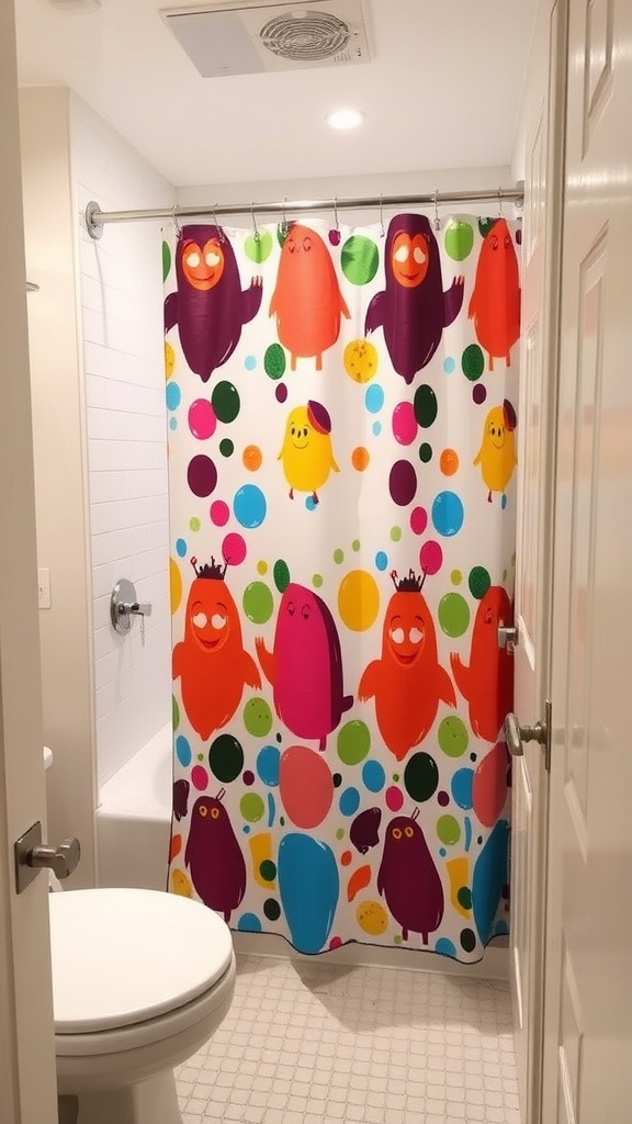 A colorful shower curtain featuring playful monsters and polka dots in a small bathroom