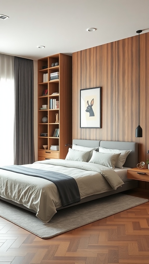 Stylish bedroom with wooden accents, organized storage, and a cozy atmosphere.