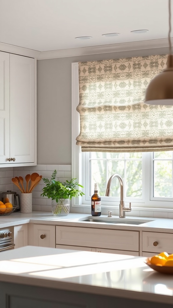 A modern kitchen with white cabinetry, a patterned roman shade, and a view of greenery outside the window.