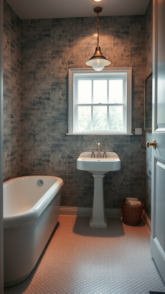 A stylish bathroom with textured wall finishes, a freestanding bathtub, and a pedestal sink, all illuminated by a pendant light.