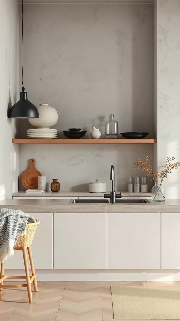 A minimalist kitchen with textured walls, wooden elements, and a blend of ceramic and glass decor.