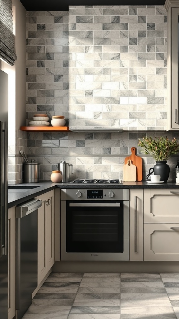 A modern kitchen with subtle grey floor tiles and matching backsplash, showcasing tonal variations.