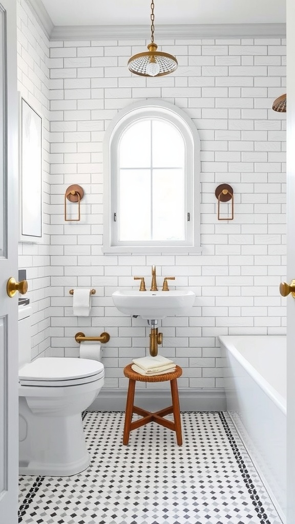 Bathroom with gray subway tiles, white walls, round mirror, and patterned floor tiles