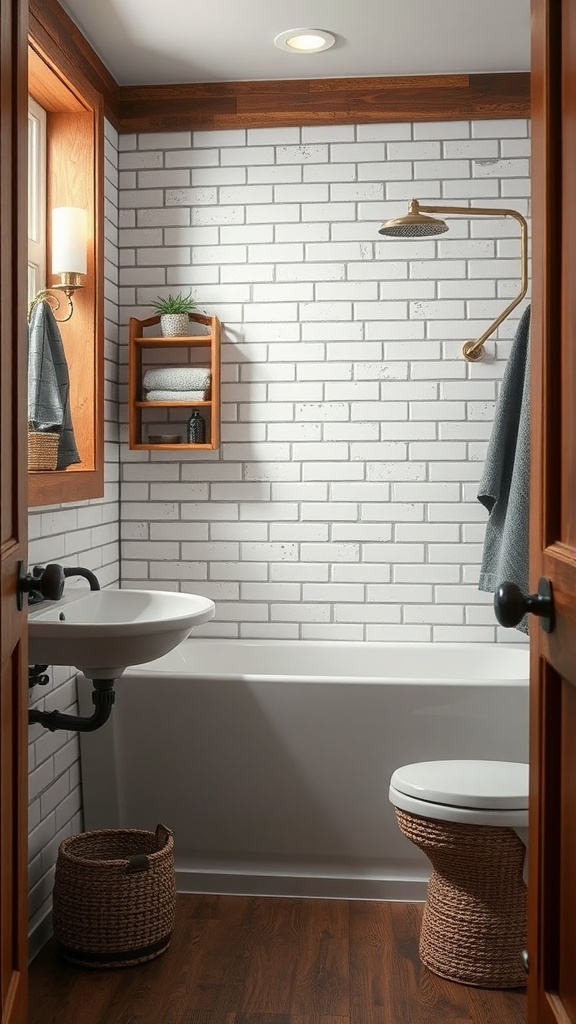 Small rustic bathroom with subway tiles and wooden trim, featuring a bathtub, sink, and decorative items.