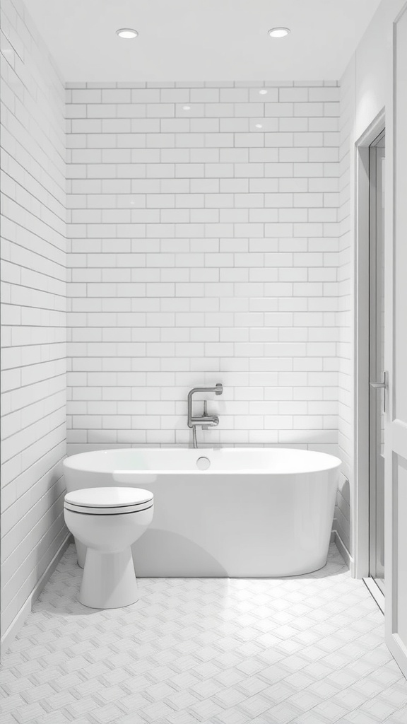 A modern bathroom featuring white subway tiles on the walls, a sleek bathtub, and a minimalist toilet.