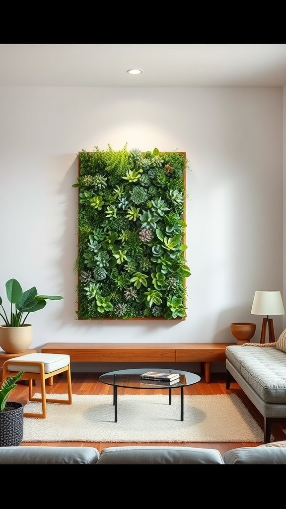 A vibrant succulent wall planter adding greenery to a modern living room.