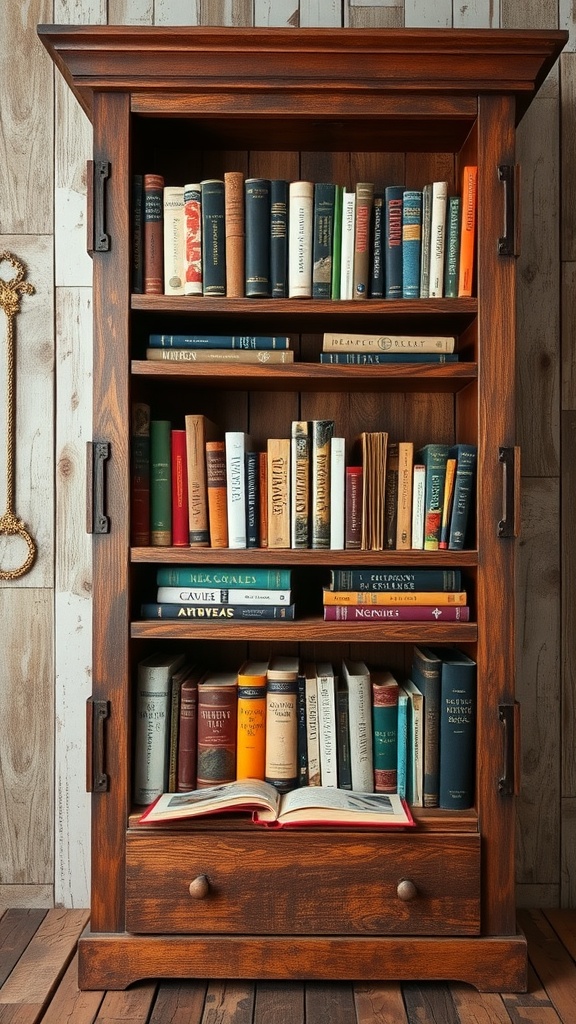 A wooden bookshelf filled with various books, showcasing a sustainable design.