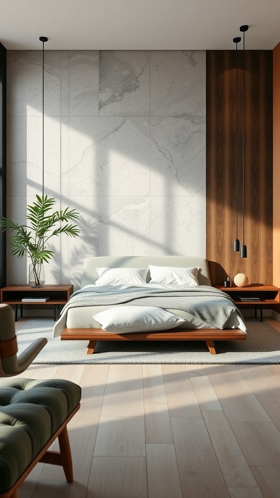 A modern luxury bedroom featuring sustainable materials, with wooden accents, a stone wall, and natural light.