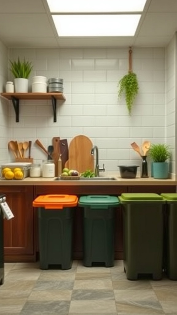 A cozy kitchen with sustainable practices, featuring recycling bins and plants