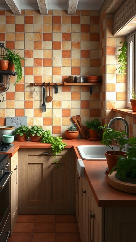 A rustic kitchen with terracotta tile flooring, wooden cabinets, and potted plants on the countertop.