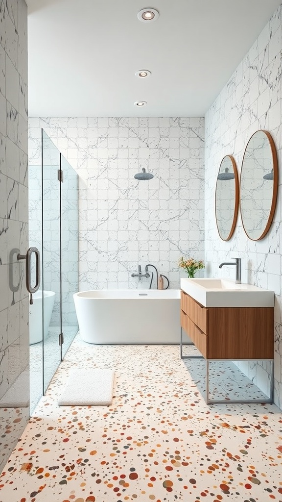 Modern bathroom featuring colorful terrazzo flooring, a white bathtub, and minimalist decor.