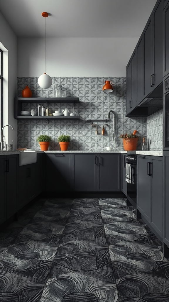 A modern kitchen featuring textured 3D tiles in black and gray, paired with dark cabinets and a light countertop.