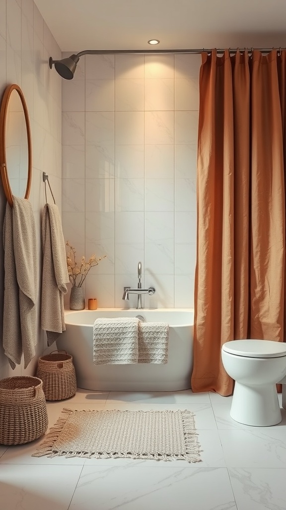 A rustic bathroom featuring textured fabrics, including woven towels and a burnt orange shower curtain, complemented by natural materials.