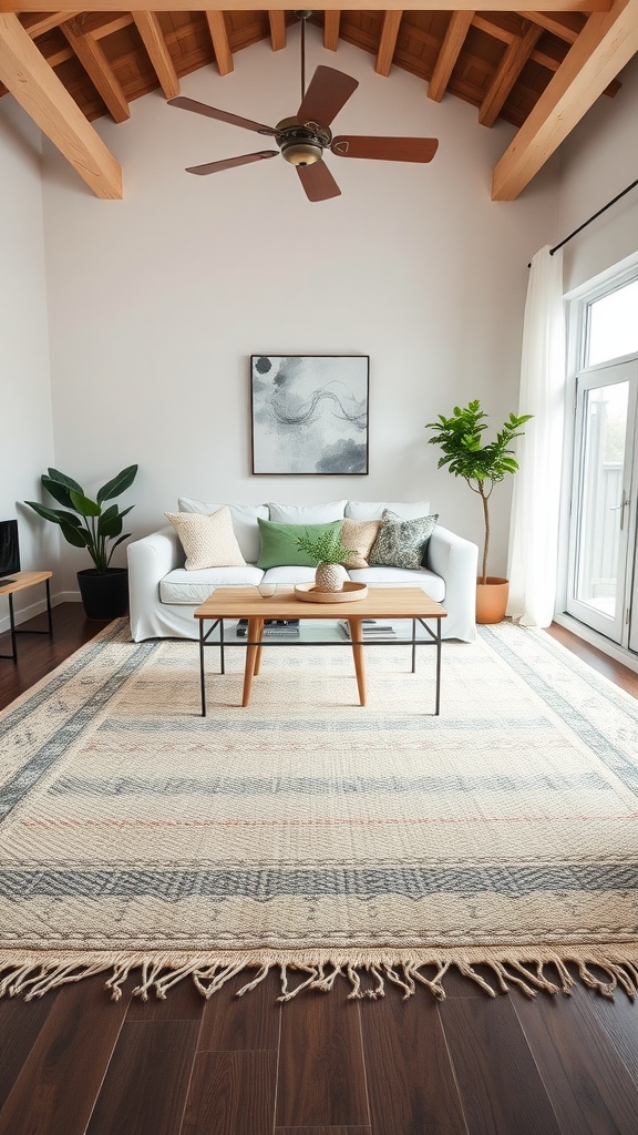 A cozy Boho living room featuring a textured rug, a white sofa, and wooden ceiling beams.