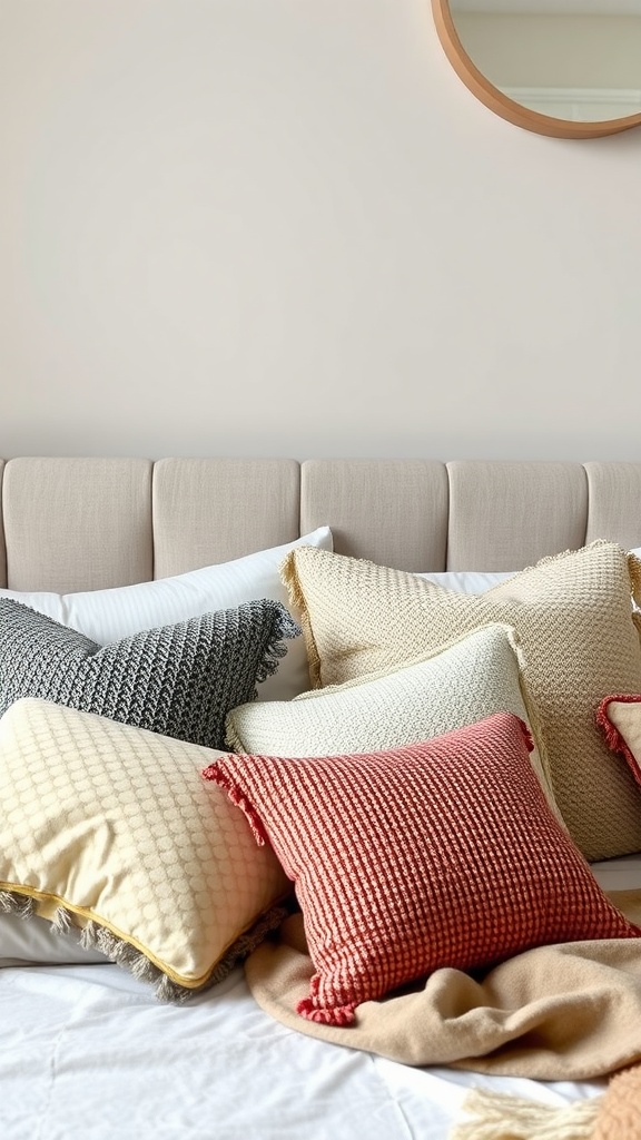 An inviting bed with various textured throw pillows in soft colors, creating a cozy atmosphere.