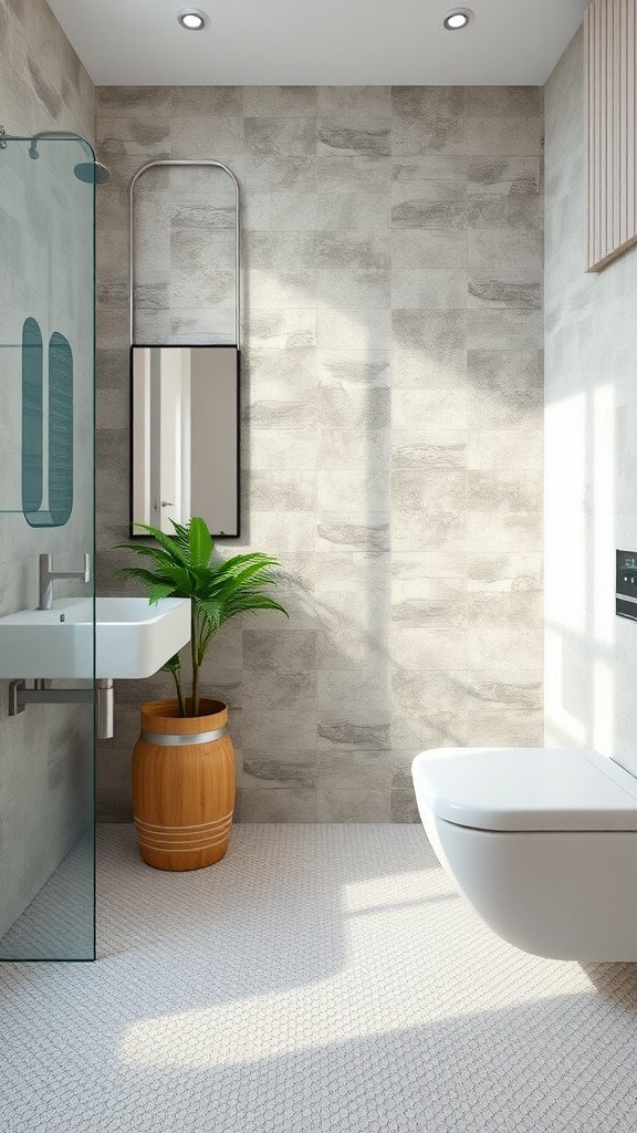 Modern bathroom with textured floor tiles and a glass shower