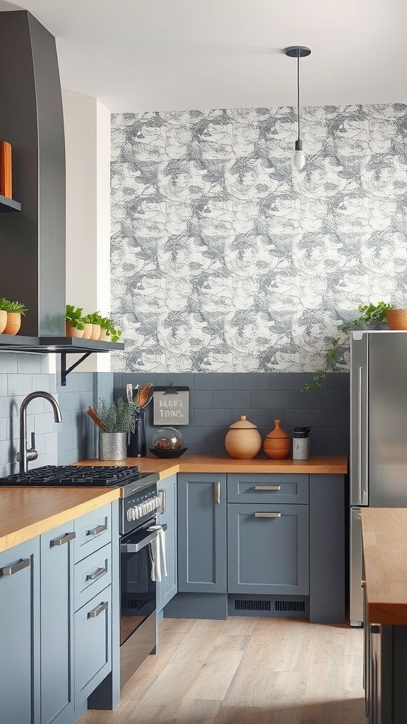 Modern kitchen with textured wallpaper and stylish wooden accents.