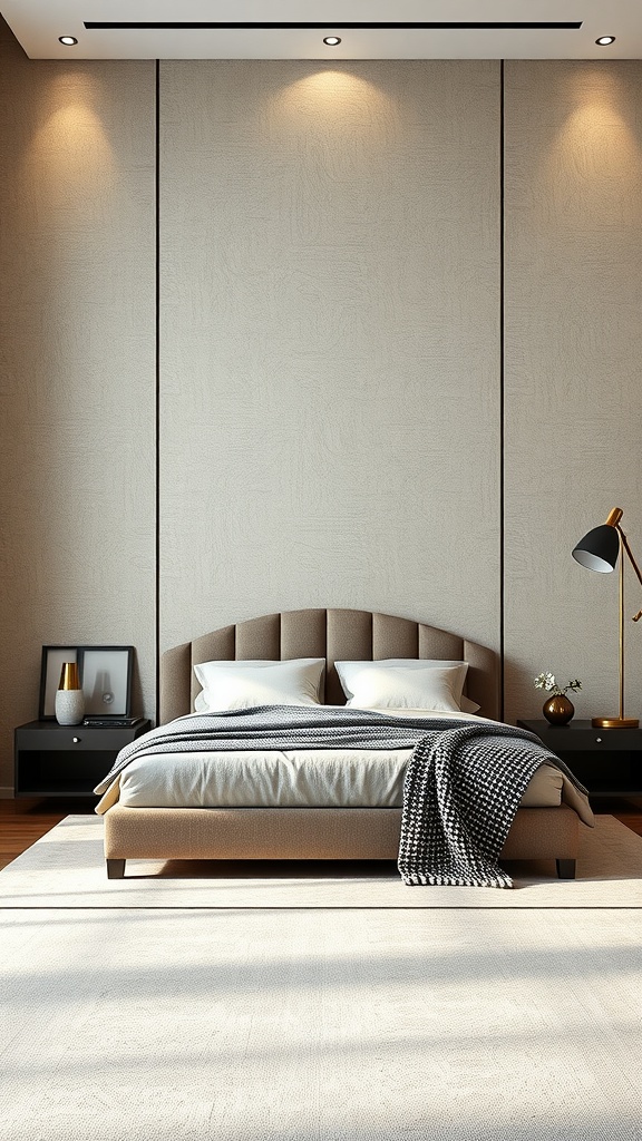 A modern luxury bedroom featuring textured wall panels, a stylish bed with decorative pillows, and elegant lighting.