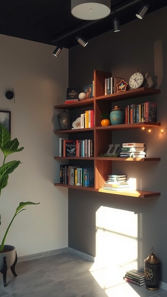 A themed floating bookshelf with books and decorative items arranged aesthetically.