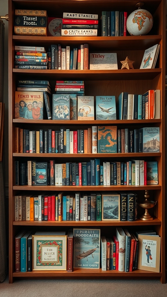 A wooden bookshelf filled with colorful books, a globe, and decorative items, showcasing a variety of themes.