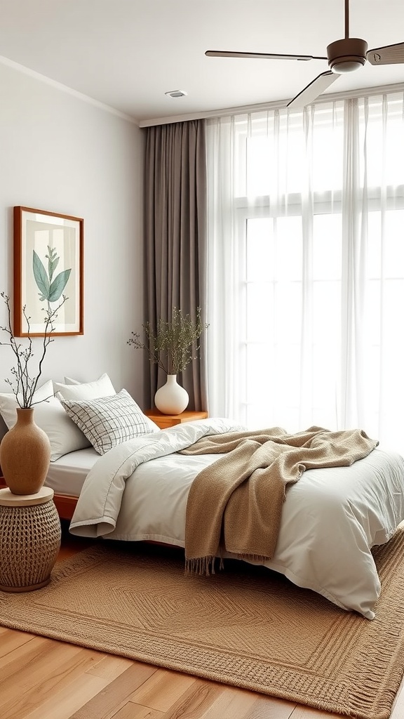 A cozy Japandi bedroom featuring soft textiles, wooden furniture, and plant artwork.