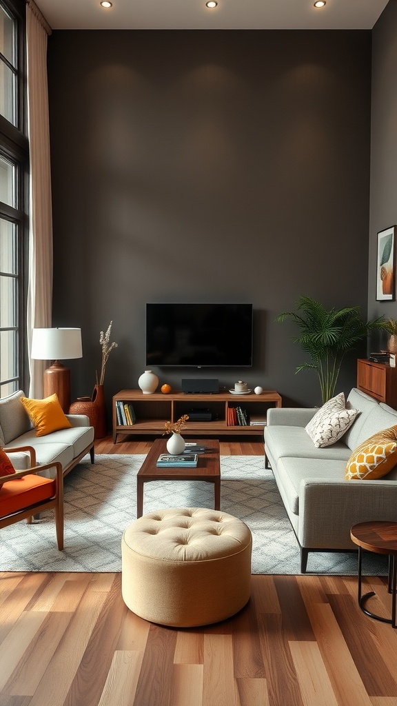 Cozy living room with two sofas facing each other, a central coffee table, and bright cushions