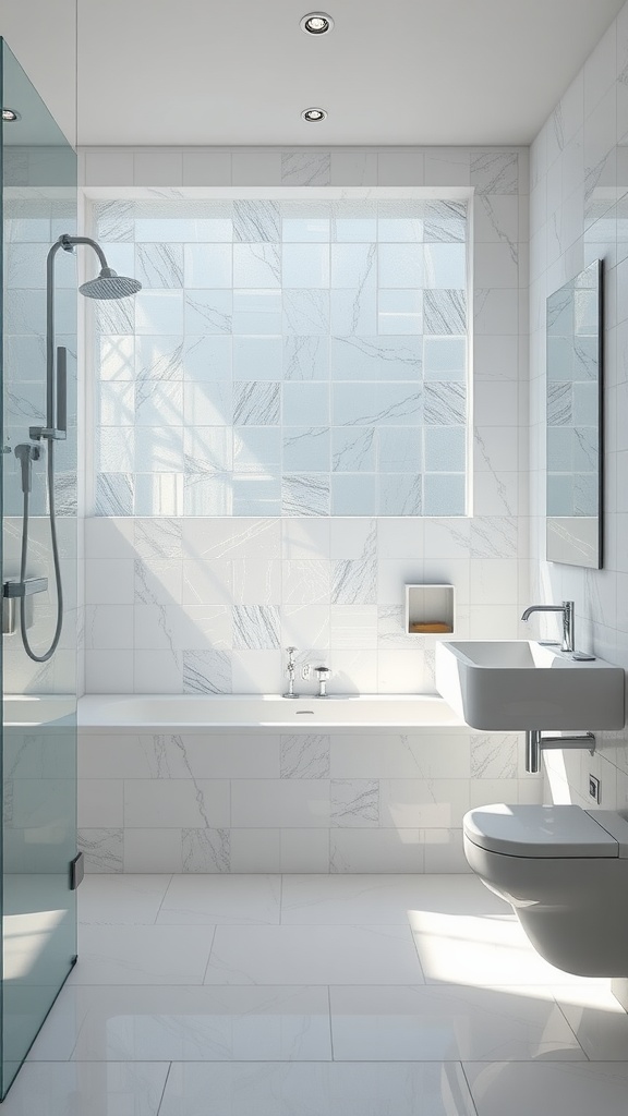 A modern bathroom featuring translucent tiles that play with light, showcasing a clean and airy design.