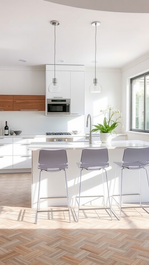 Minimalist kitchen featuring transparent bar stools, modern cabinetry, and natural light.