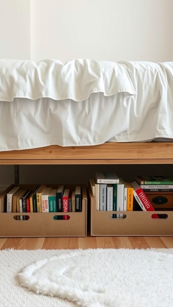 Under-bed storage with boxes filled with books, showcasing a neat and organized space.