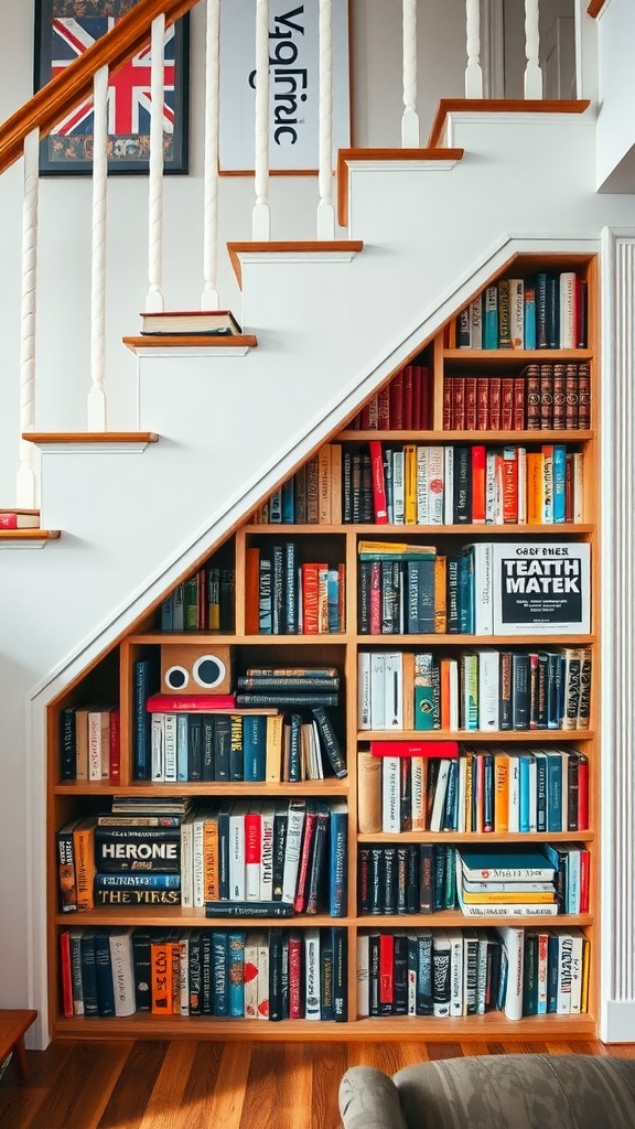 Bookshelf under staircase filled with colorful books and decorative items