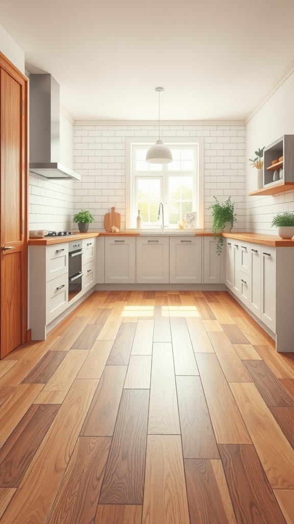 A modern kitchen featuring a combination of wood and tile flooring, with warm tones and natural light.